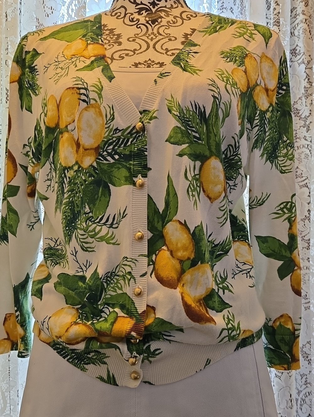Talbots Lemon Print Cardigan Top in White, Yellow & Green